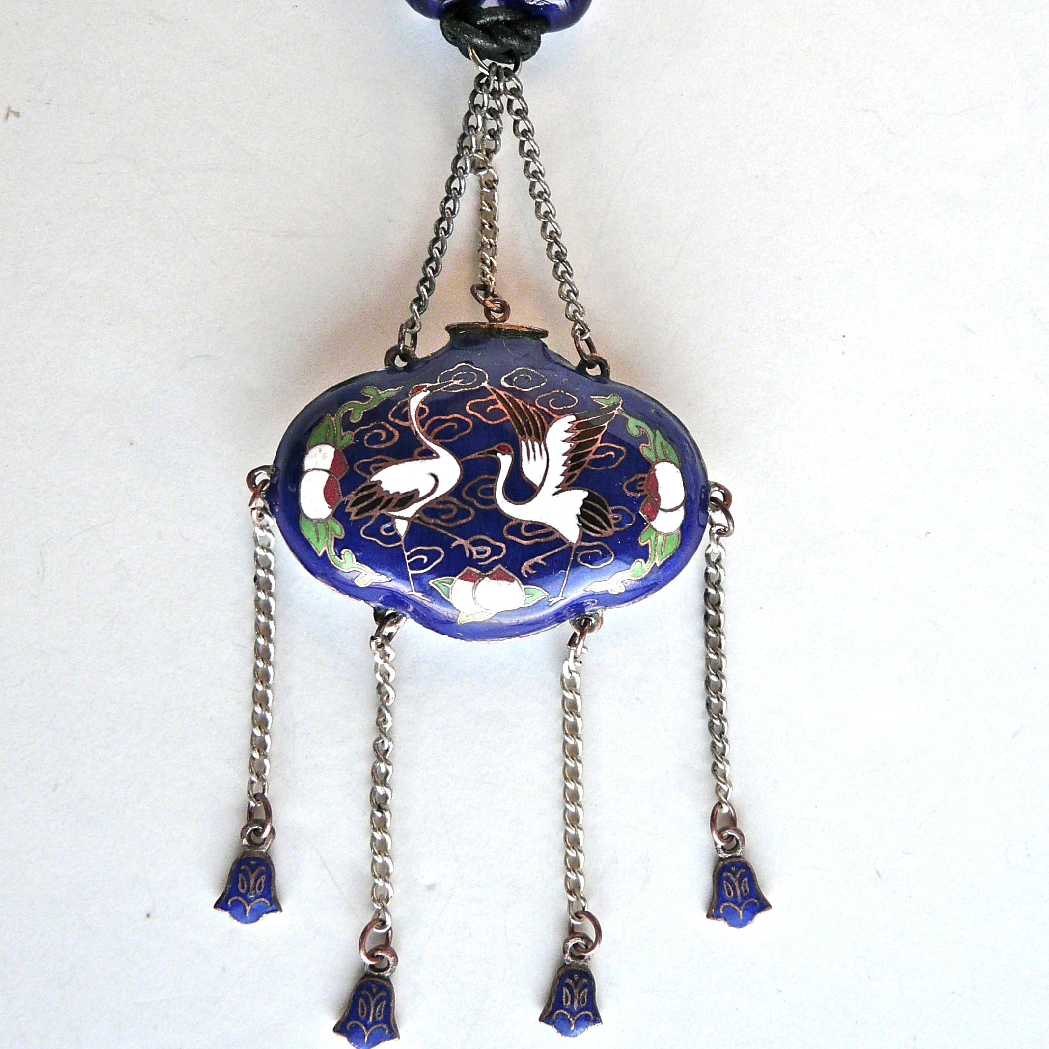 C1959 Antique Japanese Incense Holder, tsaru Wedding Symbol, blue lamp work glass necklace