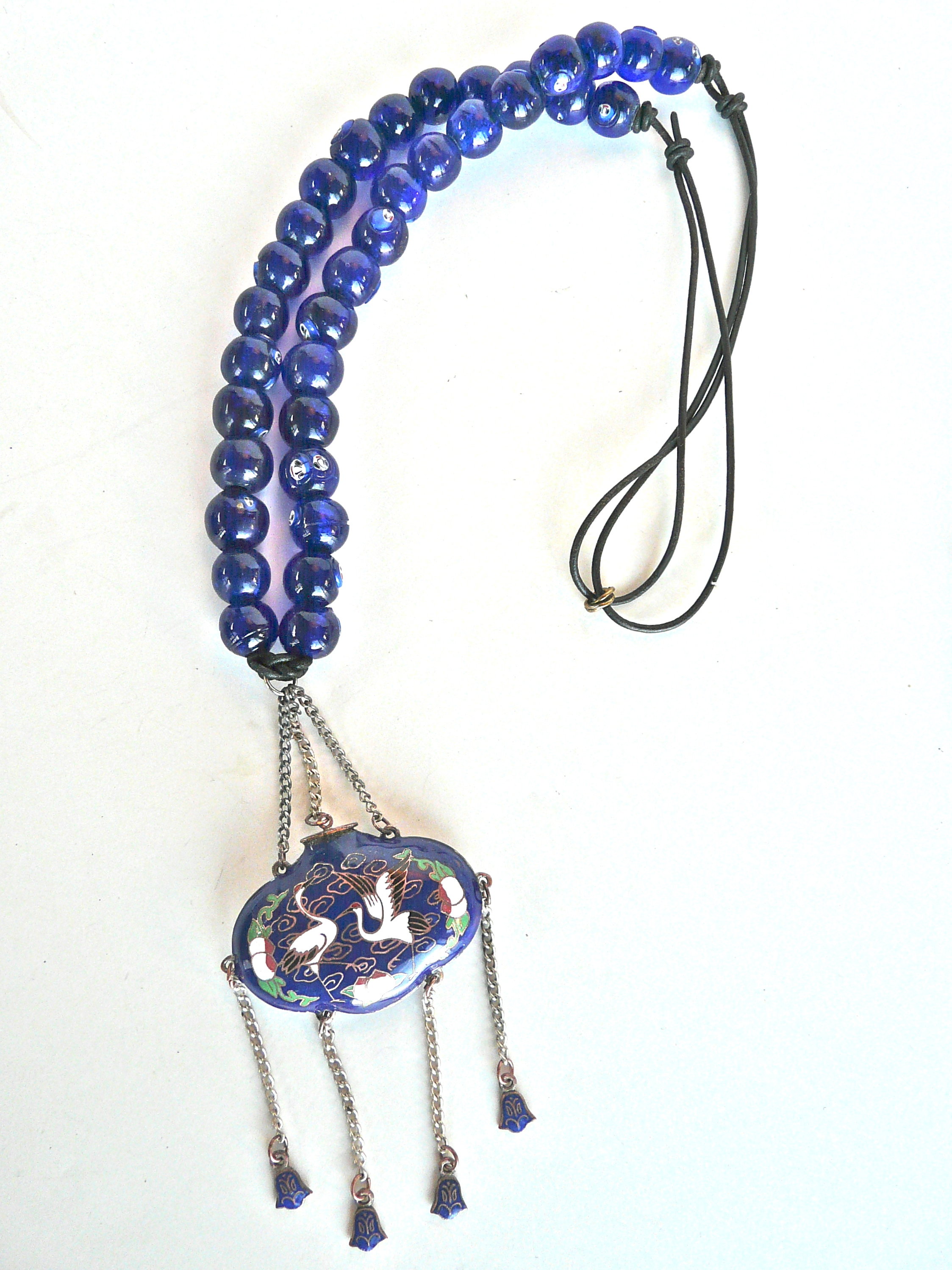 C1959 Antiqye Japanese Incense Holder, Tsaru Wedding symbol, Blue Lamo Work glass necklace