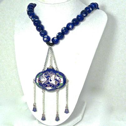 C1959 Antique Japanese incense holder, Tsary Edding symbol, blue lamp work glass necklace