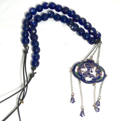 C1959 Antique Japanese incense holder, Tsary Edding symbol, blue lamp work glass necklace