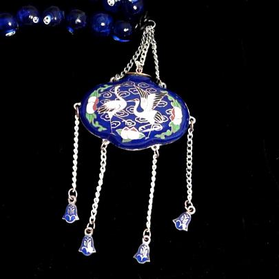 C1959 Antique Japanese incense holder, Tsary Edding symbol, blue lamp work glass necklace