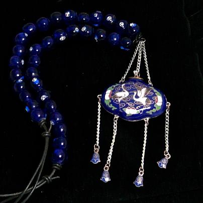 C1959 Antique Japanese incense holder, Tsary Edding symbol, blue lamp work glass necklace