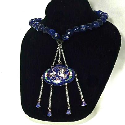 C1959 Antique Japanese incense holder, Tsary Edding symbol, blue lamp work glass necklace