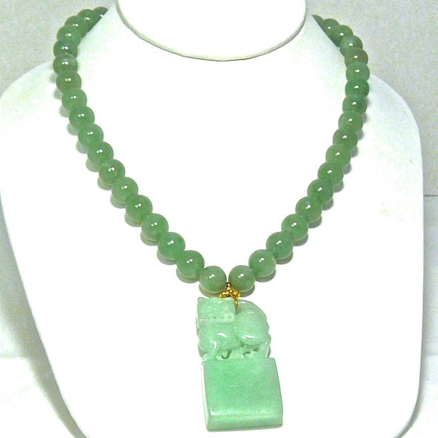 C2522 3 green jade fo dog chop, jade necklace