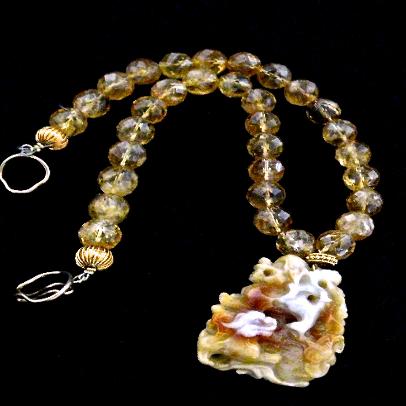 C2633 -2 golden jade fo dogs, faceted citrine necklace