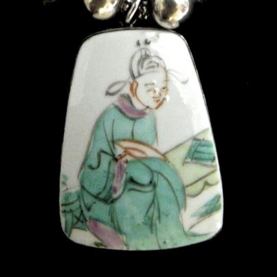 c2725 Ching Dynasty porcelain shard, green Indonesian glass necklace