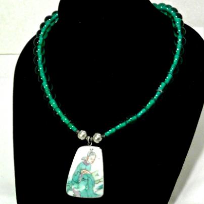 c2725 Ching Dynasty porcelain shard, green Indonesian glass necklace