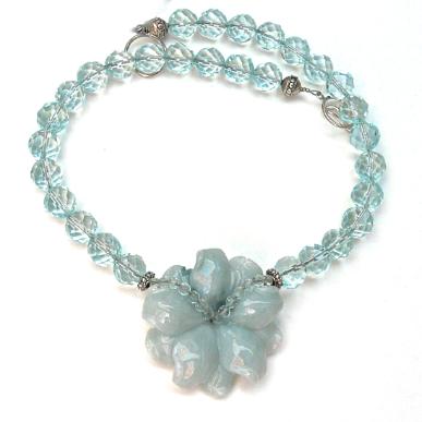 C2939 1 Blue jade flower, faceted blue quartz necklace