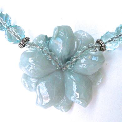C2939 2 Blue jade flower, faceted blue quartz necklace