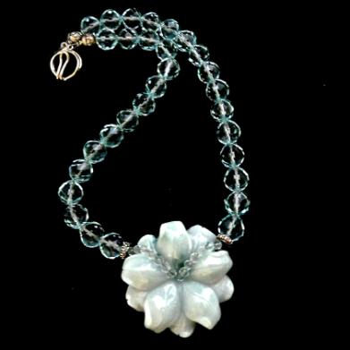 C2939 3 Blue jade flower, faceted blue quartz necklace