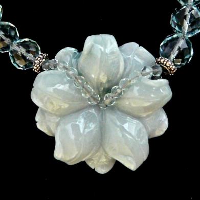 C2939 4 Blue jade flower, faceted blue quartz necklace