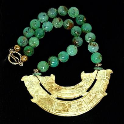 C2982  3 Old Jade Double Dragon, double phoenix, Chrysophase Necklace