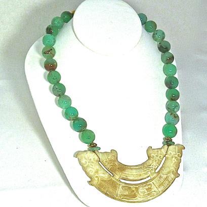 C2982 4 Old Jade Double Dragon, double phoenix, Chrysophase Necklace