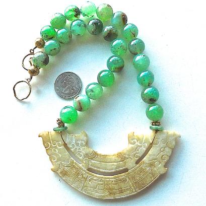 C2982  5 Old Jade Double Dragon, double phoenix, Chrysophase Necklace