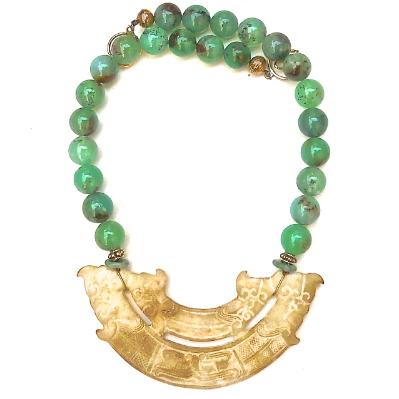 C2982  1 Old Jade Double Dragon, double phoenix, Chrysophase Necklace