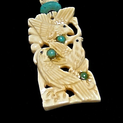 C3050 Carved bone pendant, carved bone, turquoise, glass flower bead necklace