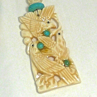 C3050 Carved bone pendant, carved bone, turquoise, glass flower bead necklace