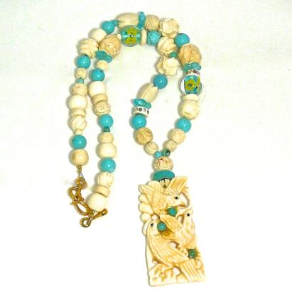 C3050 Carved bone pendant, carved bone, turquoise, glass flower bead necklace