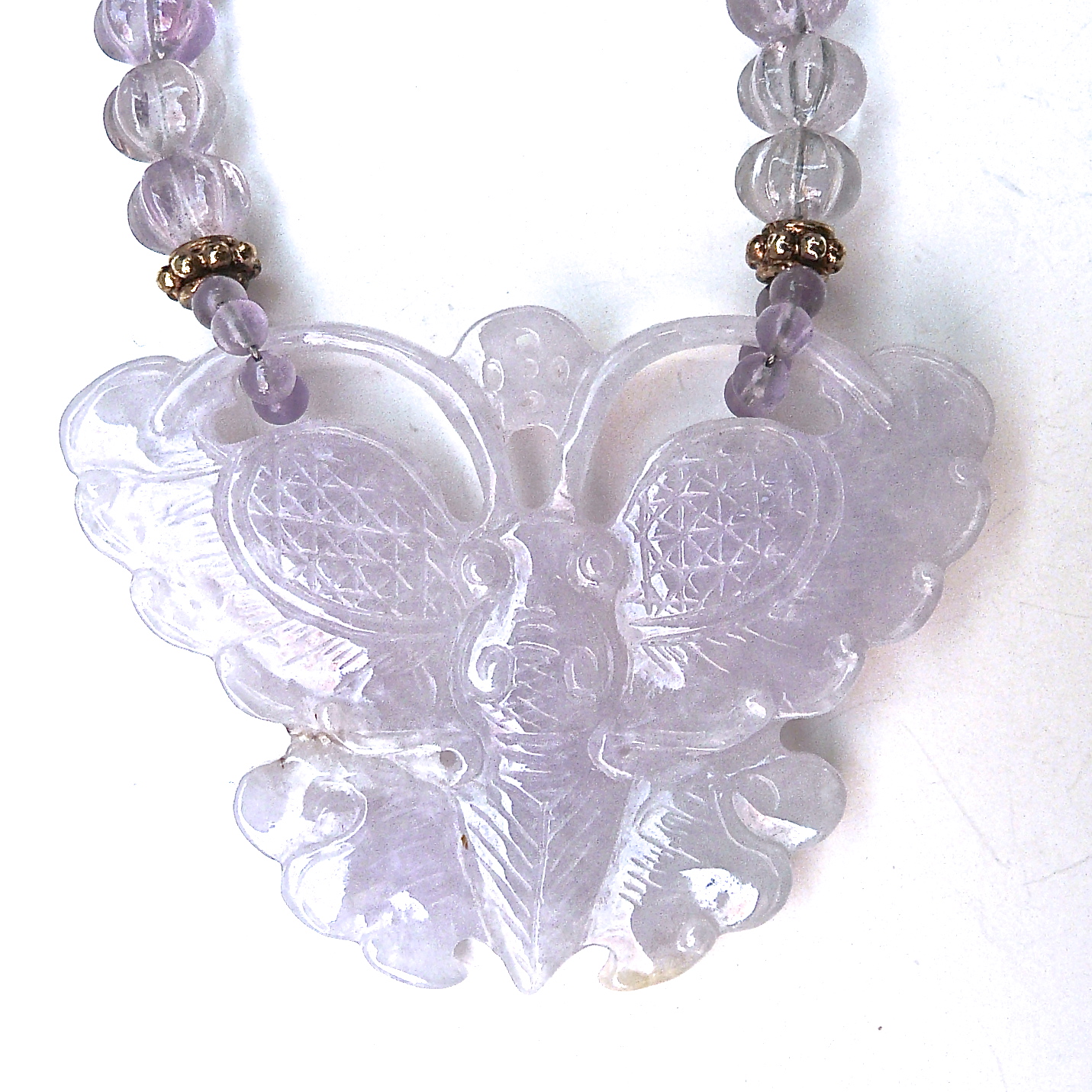 C3186 2 lavender jade butterfly, cape amethyst melon necklace