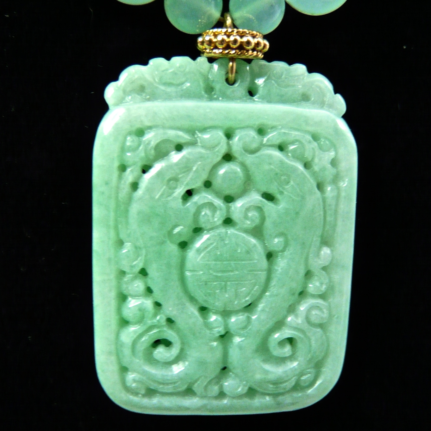 C3512 2 green jade dragons chrysoprase necklace