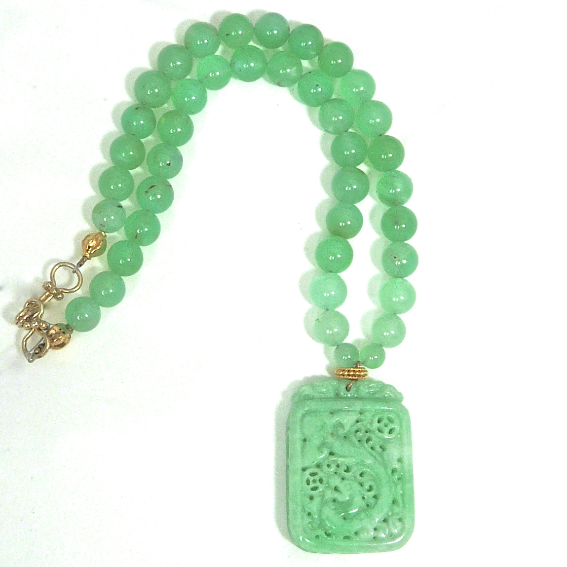 C3512 3 green jade dragons chrysoprase necklace