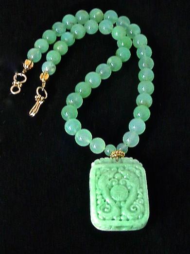 C3512 7 green jade dragons chrysoprase necklace