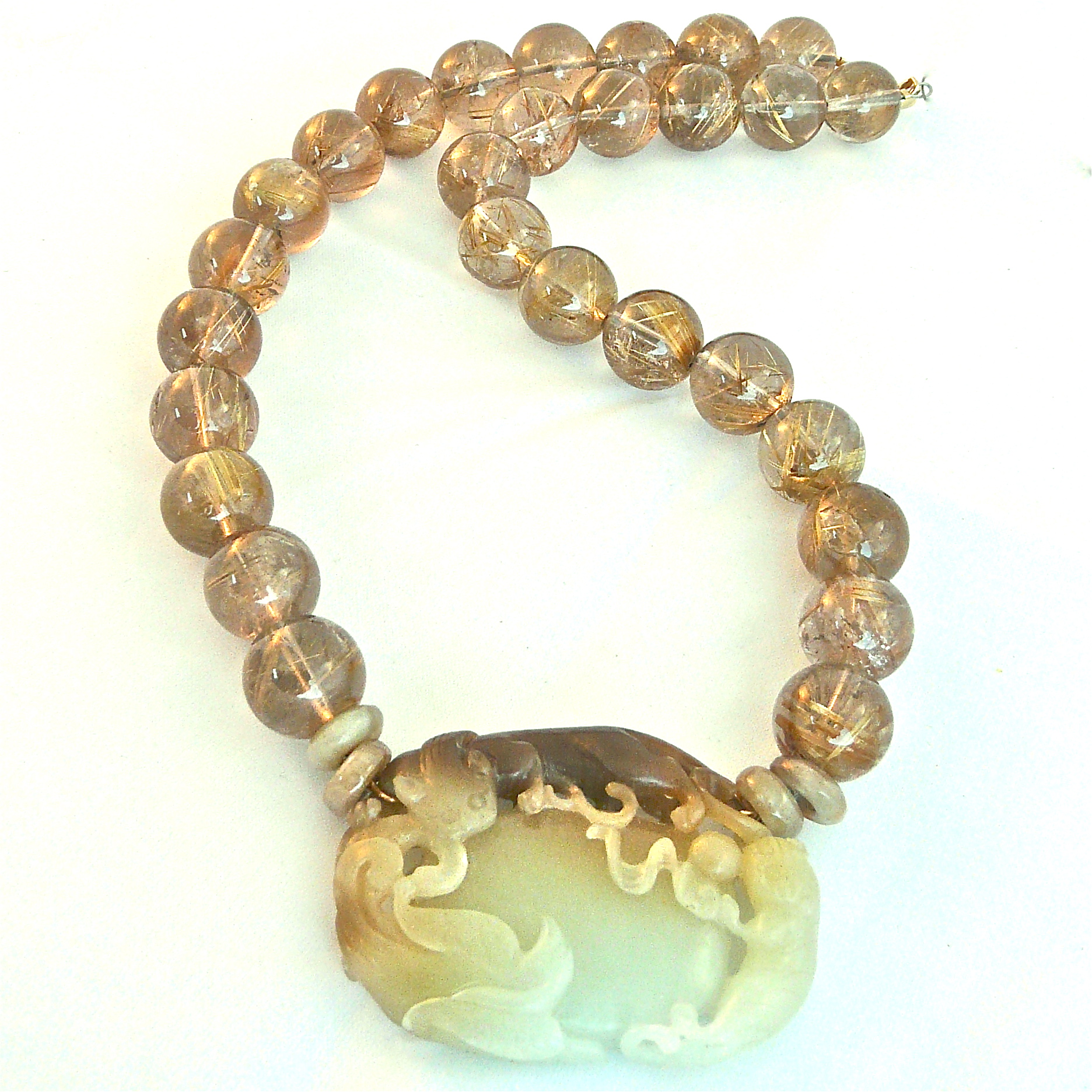 C3675a Antique bicolor jade double dragon phoenix, golden rutilated quartz