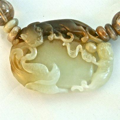 C3675b Antique bicolor jade double dragon phoenix, golden rutilated quartz