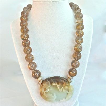 C3675d Antique bicolor jade double dragon phoenix, golden rutilated quartz