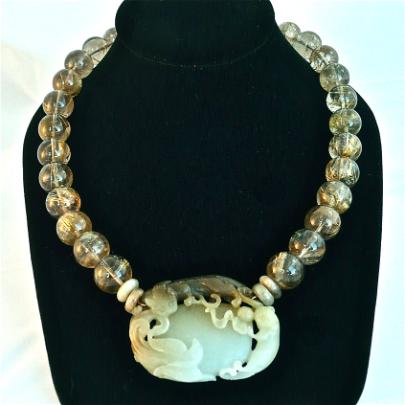C3675e Antique bicolor jade double dragon phoenix, golden rutilated quartz
