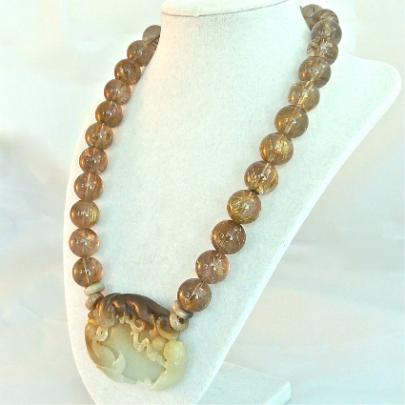 C3675f Antique bicolor jade double dragon phoenix, golden rutilated quartz