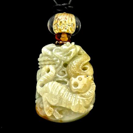 C3934 -3 carved green jade dragon, tiger and fox pendant necklace