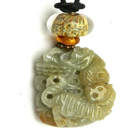 C3934 -4 carved green jade dragon, tiger and fox pendant necklace