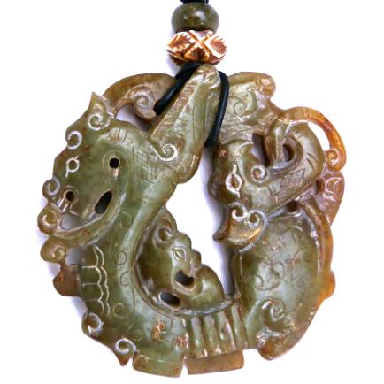 C3978 6 carved greenish brown jade triple dragon pendant necklace 