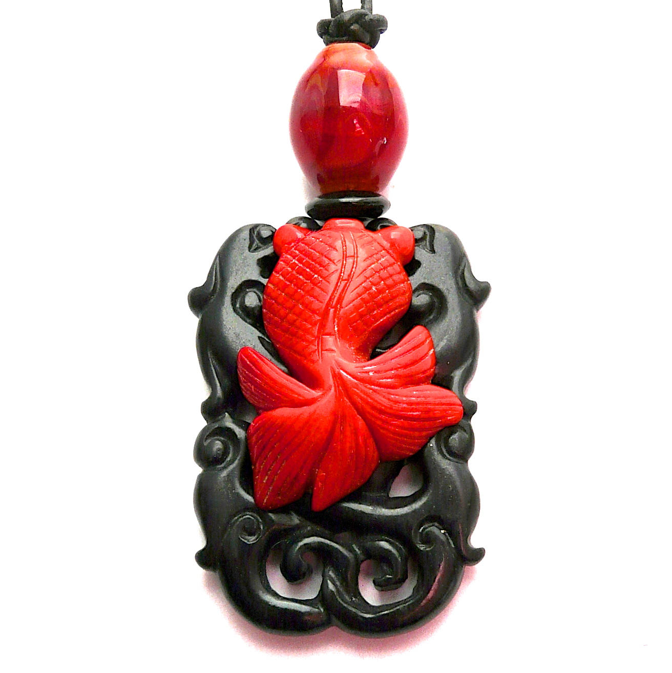 C4035 onyx double dragon ,coral fish pendant necklace