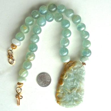 C5145 -7  jade dragon, phoenix, aquamarine necklace