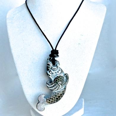 C1826 -1 black jade dragon fish pendant necklace