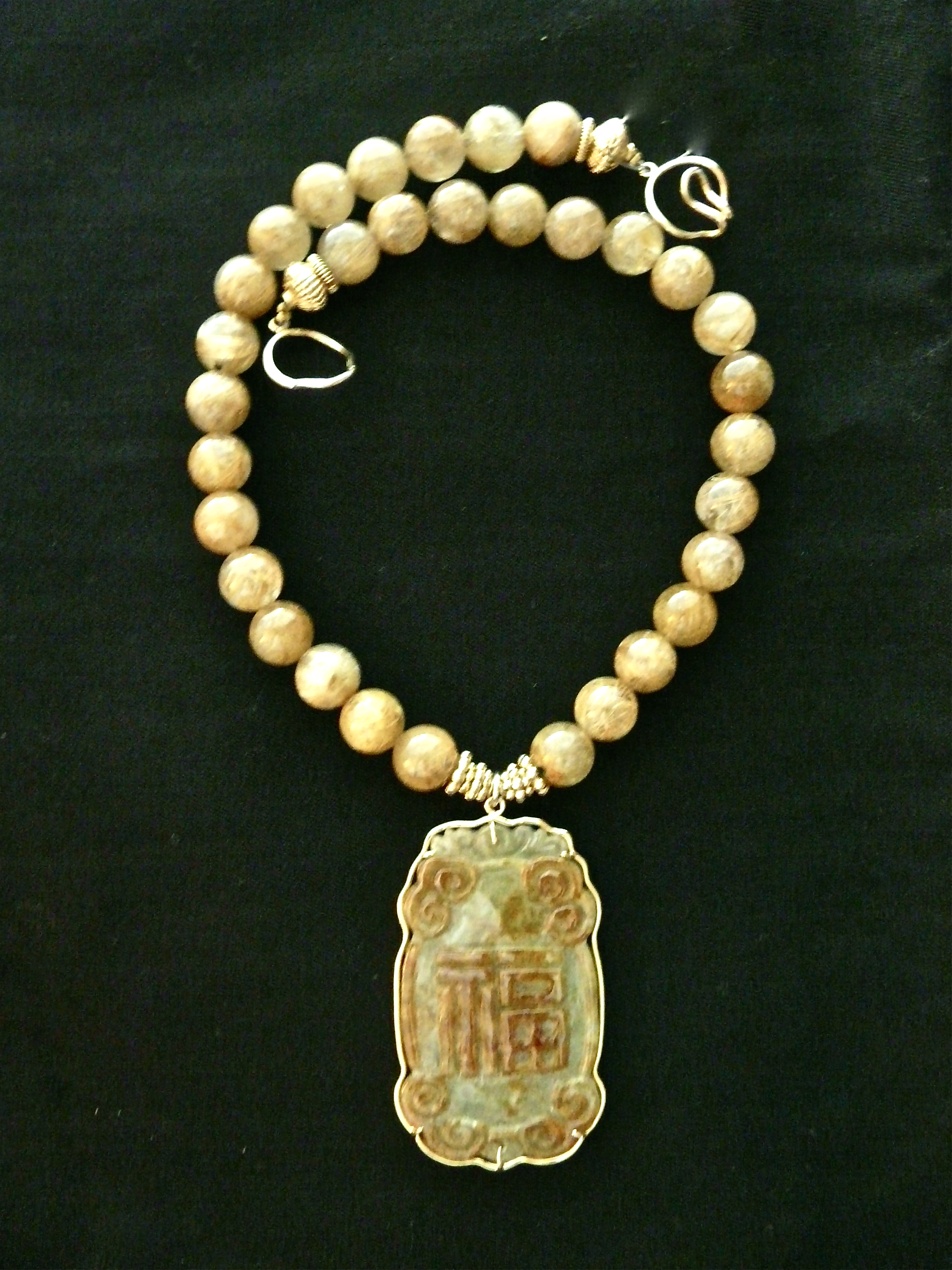 C1366 golden and green jade dragon, golden rutilated quartz necklace