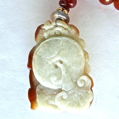 C2337 carved red jade dragon, carnelian necklace