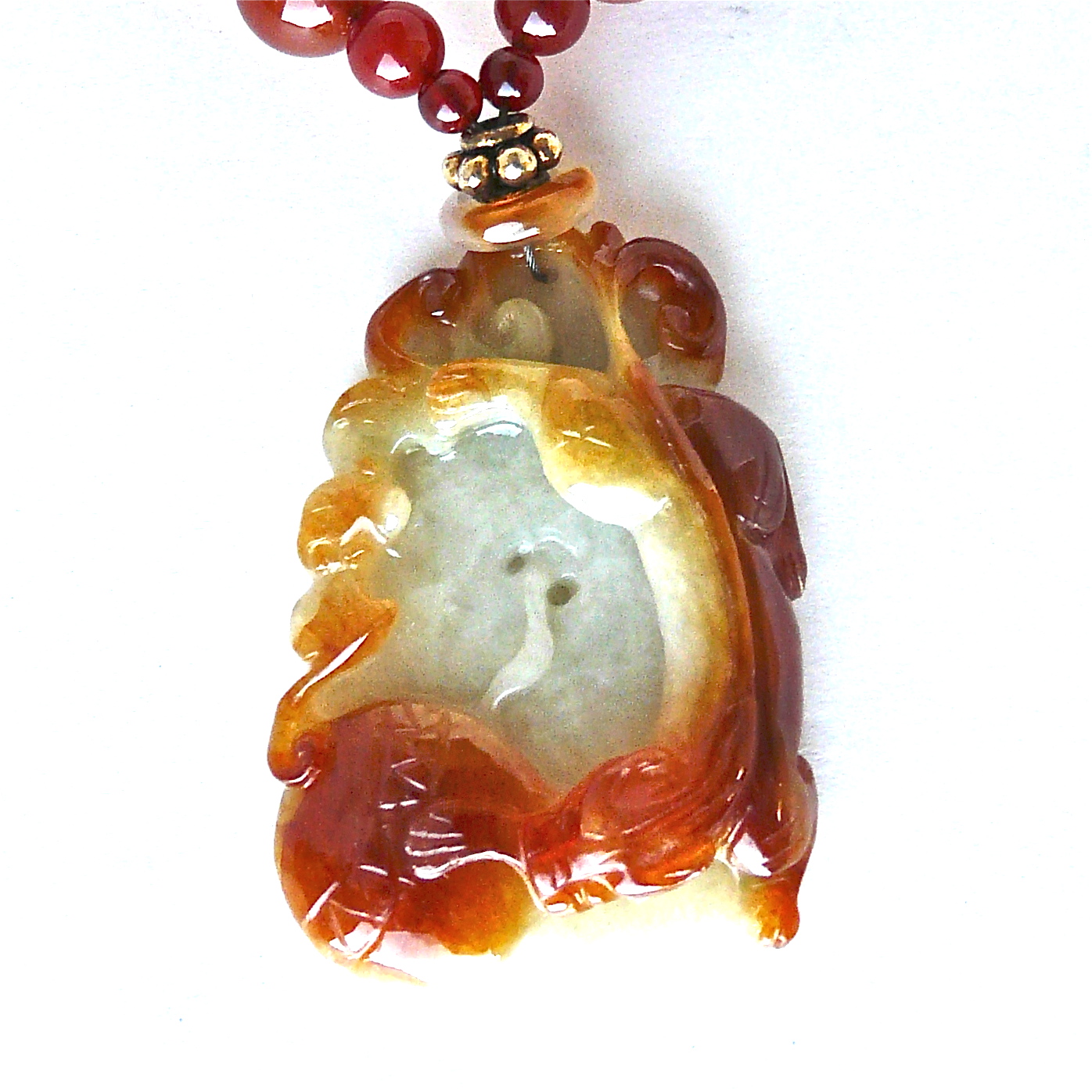 C2337 carved red jade dragon, carnelian necklace