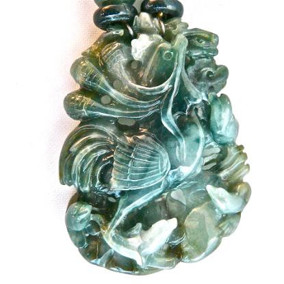 C3384 carved dark green jade phoenix, spinach jade necklace 