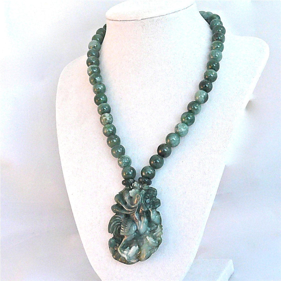 C3384 carved dark green jade phoenix, spinach jade necklace 
