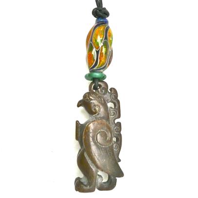 C2579 -1 brown jade phoenix, hand blown glass bead pendant necklace