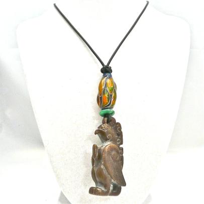 C2579 -3 brown jade phoenix, hand blown glass bead pendant necklace