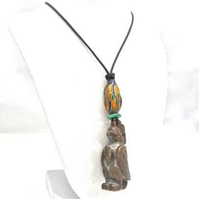 C2579 -2 brown jade phoenix, hand blown glass bead pendant necklace