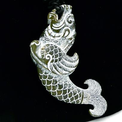 C1826 -2 black jade dragon fish pendant necklace