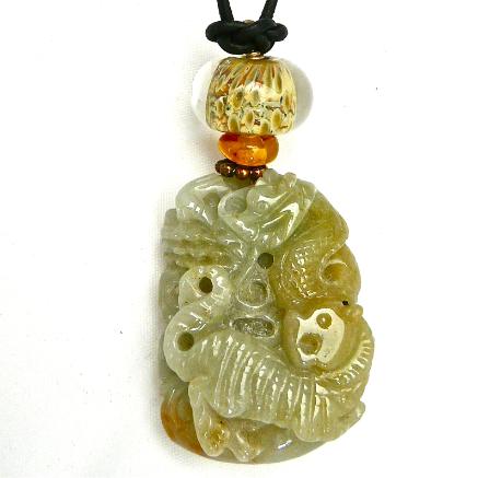 C3934 -1 carved green jade dragon, tiger and fox pendant necklace
