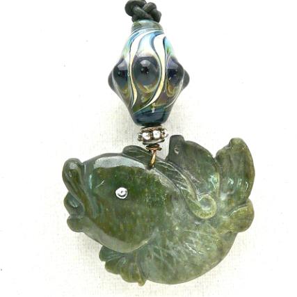 C2189 - 1 carved green jade fish, Hand blown glass bead pendant necklace 