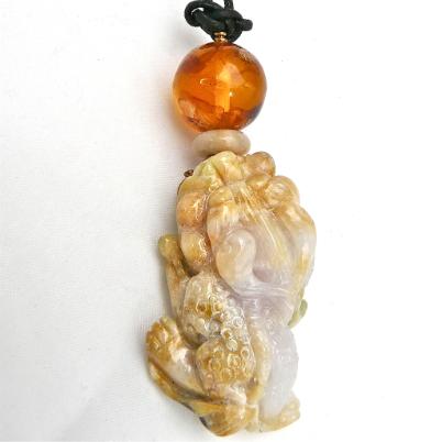 C3387 2 golden jade dragon, amber pendant necklace