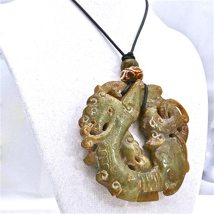 C3978 4 carved greenish brown jade triple dragon pendant necklace 
